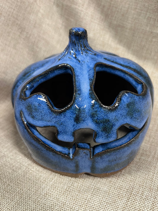 Grinning Blue Ceramic Pumpkin